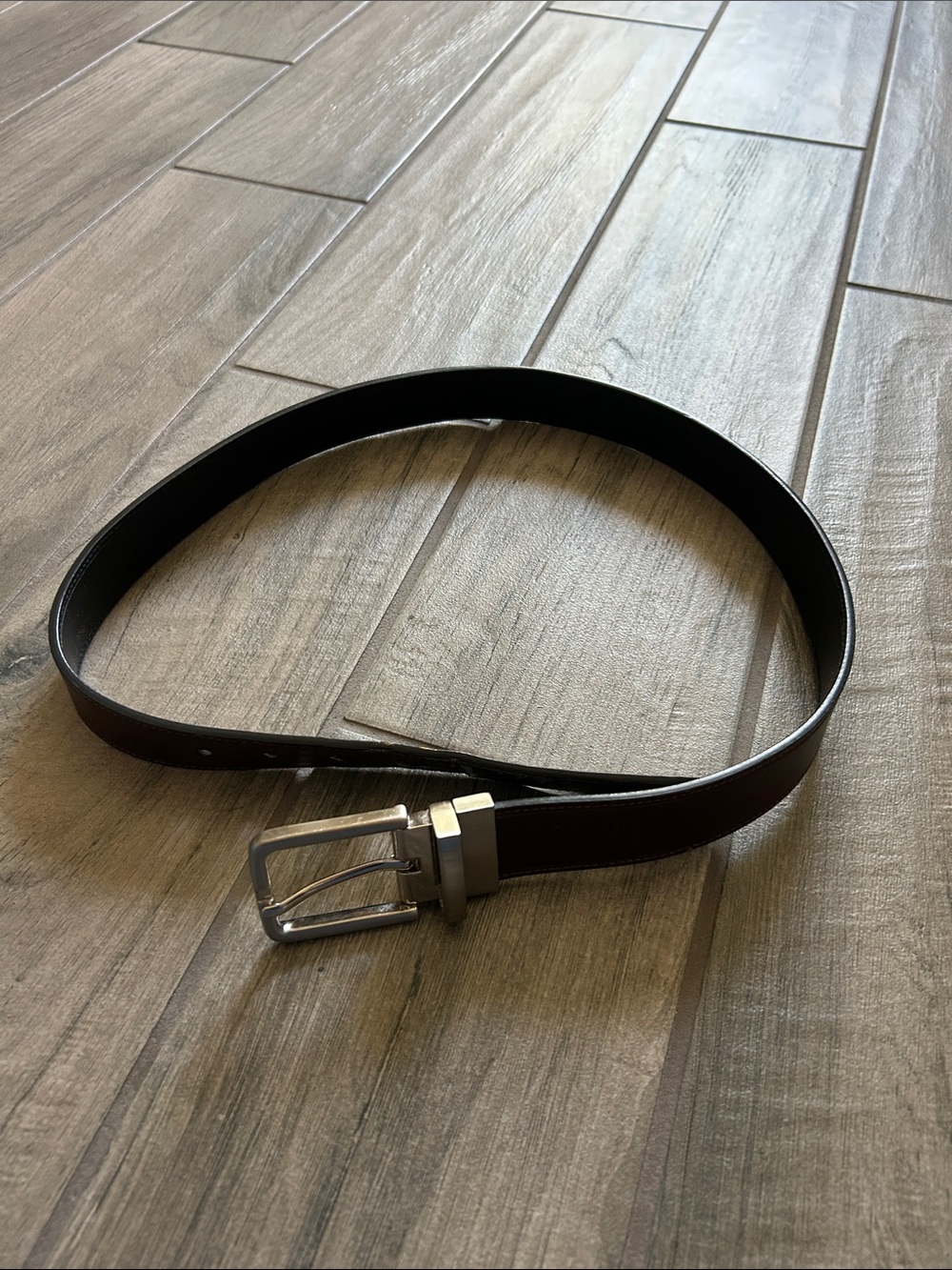 Men's Classic Brown Leather Belt with Silver Buckle reversible